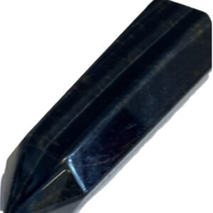 Blue tigers eye 11 1 sians emporium Polished blue tigers eye crystal point standing tower showing dark blue chatoyant bands on a white background